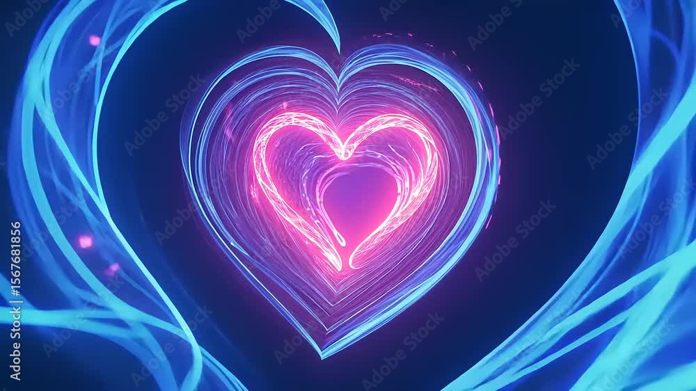 Poster vibrant neon heart shapes intertwining in a digital space, creating a mesmerizing visual effect