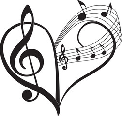 Heart shaped music symbol featuring treble clef and musical notes in black and white
