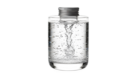 Clear liquid vortex in glass bottle with silver cap product photography studio shot isolated against black background on transparent background