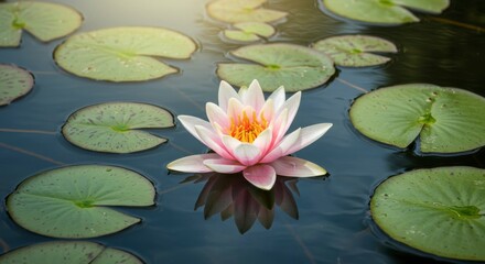 A serene pink water lily floats on calm water, surrounded by lily pads, reflecting its beauty