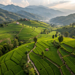Fototapeta premium lush green terrace fields in swat from aerial dr