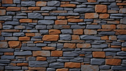 Obraz premium Stone Wall Texture with Gray and Orange Bricks A Rustic and Durable Background with a Strong Sense of Structure and Stability and a Focus on the Beauty of Natural Materials