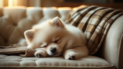 Adorable Cream Pomeranian Puppy Peacefully Sleeping on a Cozy Sofa with a Soft Blanket