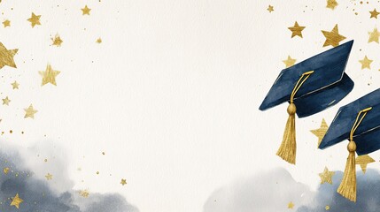 Graduation Cap Background with Gold Stars and Watercolor Design