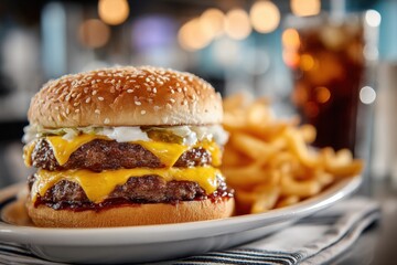 A mouthwatering double cheeseburger layered with melted cheese and served with golden fries, set in a lively diner atmosphere