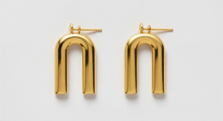 Gold arch earrings isolated on pure white background close-up, sharp polished elegant shape