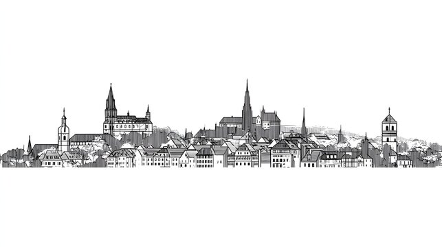 Minimal black and white line art of Nuremberg skyline with iconic historical landmarks.