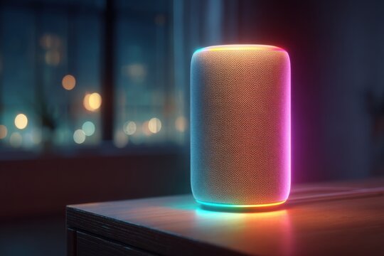 A smart speaker stands on a wooden table, emitting vibrant colored lights in a dimly lit room with city lights visible outside