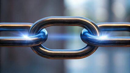 Startup incubation close up view of shiny metal chain link symbolizes strength and connection in various industries