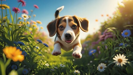 Curious Beagle puppy jumping towards camera in a sunny meadow of summer wildflowers