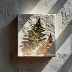 Minimalist white frame with leaf shadows, floating in serene simplicity, embodying clean elegance and quiet harmony.