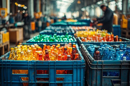 Colorful collection of bottled beverages displayed in a market or warehouse setting - Powered by Adobe
