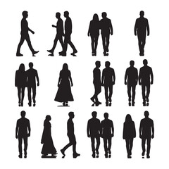 Diverse human figures walking and standing in silhouette people silhouettes