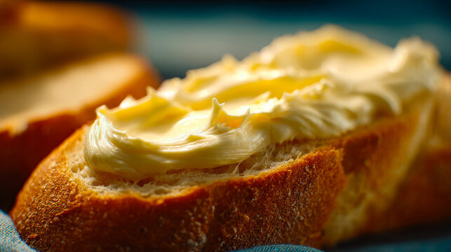 Freshly baked bread topped with creamy butter spread