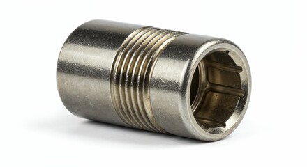 Metal socket cap isolated on pure white background, close-up, polished finish, threading detail