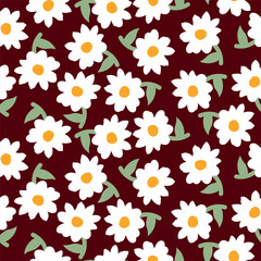 Seamless Pattern of Daisies with Green Leaves on a Red Background