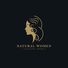 Elegant Logo Featuring Woman's Profile With Curly Hair in Gold on Dark