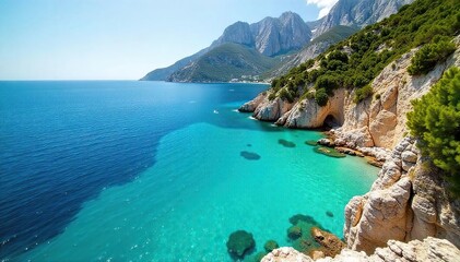 Fototapeta premium Serene Turquoise Lagoon Dramatic Cliffs, Lush Greenery, Idyllic Summer Escape