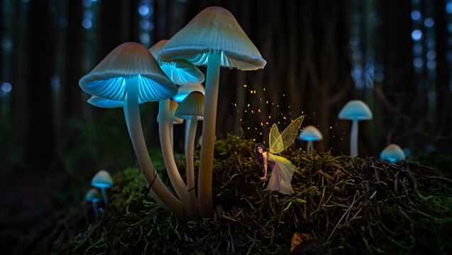 Enchanting fairy among glowing mushrooms in dark forest