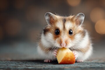 Small hamster happily eating a slice of fruit, creating an adorable and heartwarming moment in a softly lit environment
