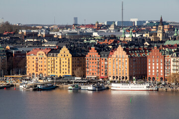 Colorful waterfront buildings and boats in central Stockholm, Sweden.
Bright historic buildings and...