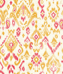  Yellow and pink damask print seamless pattern with paisley and geometrical elements 