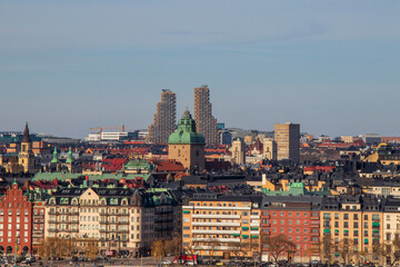Skyline of Stockholm with historic rooftops and modern high-rise buildings.
Panoramic cityscape of...