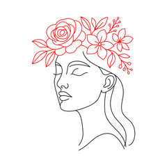 Line art portrait of a woman with a floral crown symbolizing beauty and nature.