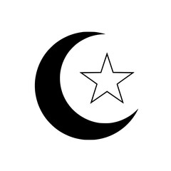A black crescent moon with a star, a widely recognized symbol of Islam, representing faith and culture.