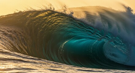 Majestic ocean wave, turquoise depths, golden sunlight illuminates the powerful curl