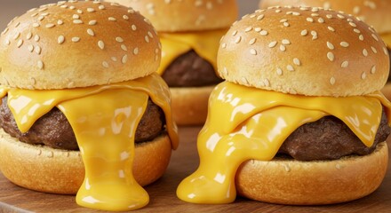 Close-up of several mini cheeseburgers dripping with melted cheese