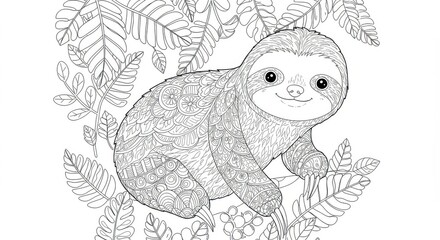 Intricate line art of a sloth nestled amongst lush foliage, perfect for coloring