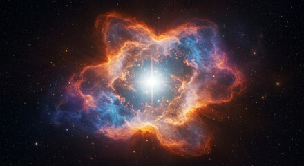 Celestial nebula, vibrant colors, swirling gas clouds, star in center