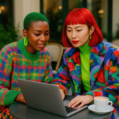Two young businesswomen working on a laptop at outdoor cafe