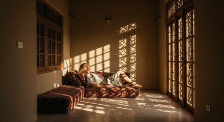 Woman relaxing on a couch, sunlight streaming through patterned windows