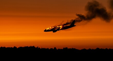 Fiery sunset backdrop to a burning plane plummeting to earth, smoke billowing