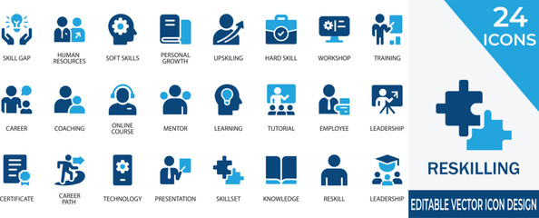 A professional vector icon set focused on reskilling, upskilling, and workforce development.  Perfect for HR platforms, educational apps, and corporate training materials.
