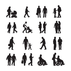 Diverse people silhouettes walking and interacting stroller wheelchair