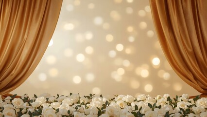 Elegant Golden Curtains with Soft Bokeh Lights and White Rose Petals Decoration