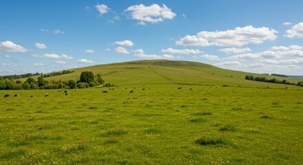 Lush green hillside under a blue sky