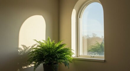 Sunlight streams through arched windows, illuminating a vibrant fern in a pot, casting soft shadows on the wall