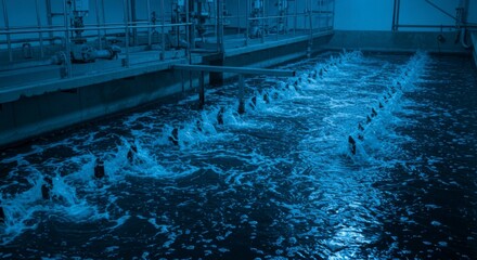 Industrial water treatment plant, dark blue, aerating water, showing the processing of waste