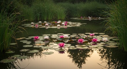 Water lilies in a tranquil pond at dawn.  Pink and white blossoms on still water, surrounded by tall grass