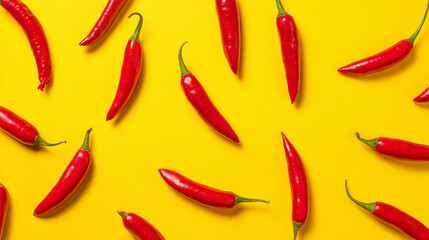 Hot red chili peppers on yellow background, pepper wallpaper