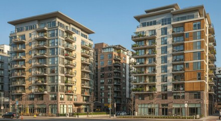 Modern apartment buildings with balconies and ground-level retail spaces