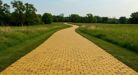 A winding yellow brick road through a verdant field, disappearing into the horizon under a clear sky
