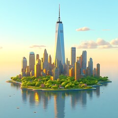 Fototapeta premium Cityscape of a stylized island with tall buildings and greenery.