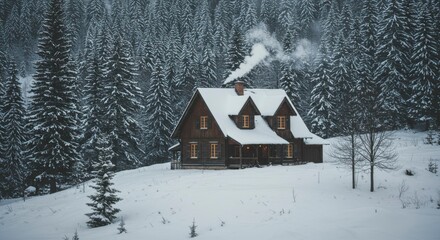 Snowy cabin in the woods