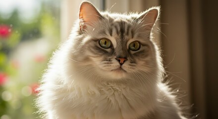 Fluffy gray-and-white cat, gazing attentively at viewer, bathed in sunlight