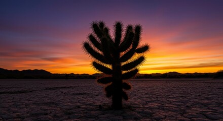Sunset silhouette of a cholla cactus in a desert landscape. Vibrant colors paint the sky